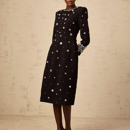 Ines Black Midi Dress with Crystal Embellishment and Dart Detailing