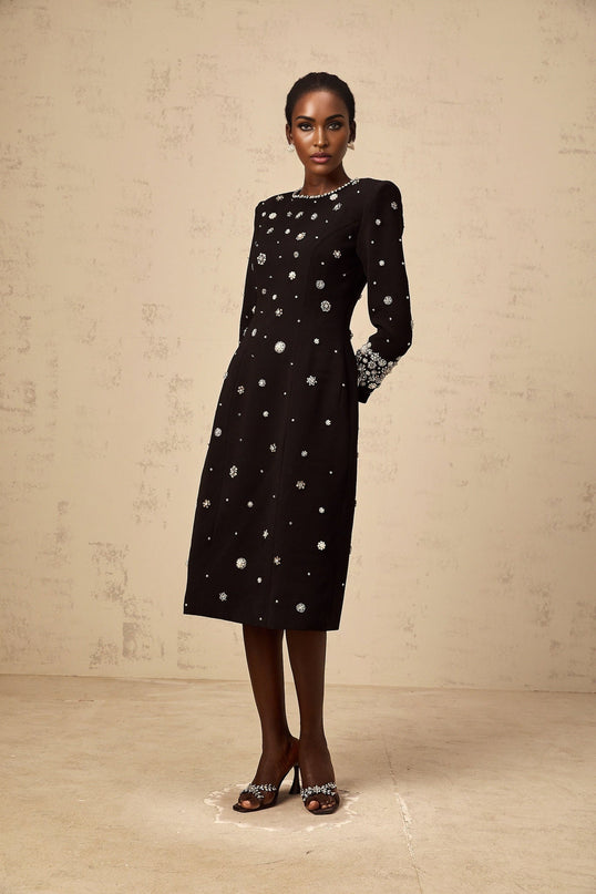 Ines Black Midi Dress with Crystal Embellishment and Dart Detailing