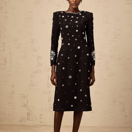 Ines Black Midi Dress with Crystal Embellishment and Dart Detailing