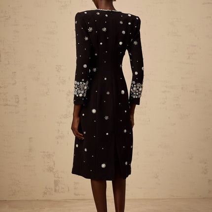 Ines Black Midi Dress with Crystal Embellishment and Dart Detailing