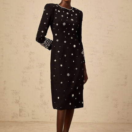 Ines Black Midi Dress with Crystal Embellishment and Dart Detailing