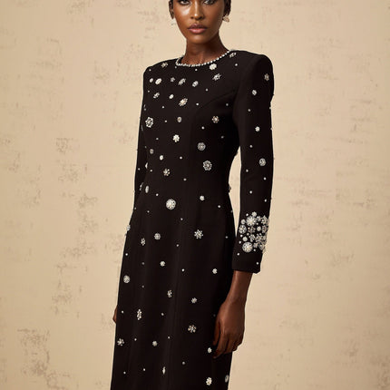 Ines Black Midi Dress with Crystal Embellishment and Dart Detailing