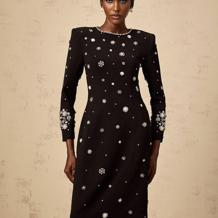 Ines Black Midi Dress with Crystal Embellishment