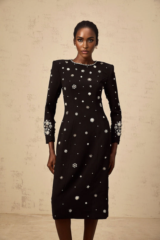 Ines Black Midi Dress with Crystal Embellishment