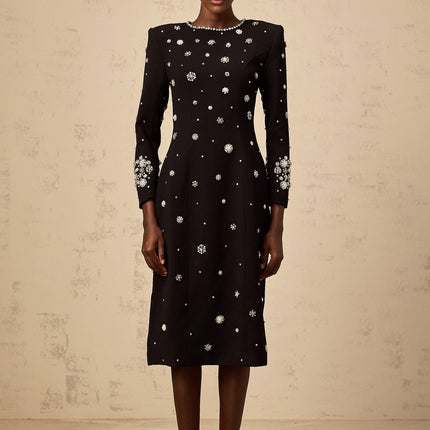 Ines Black Midi Dress with Crystal Embellishment and Dart Detailing