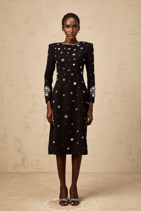 Ines Black Midi Dress with Crystal Embellishment and Dart Detailing