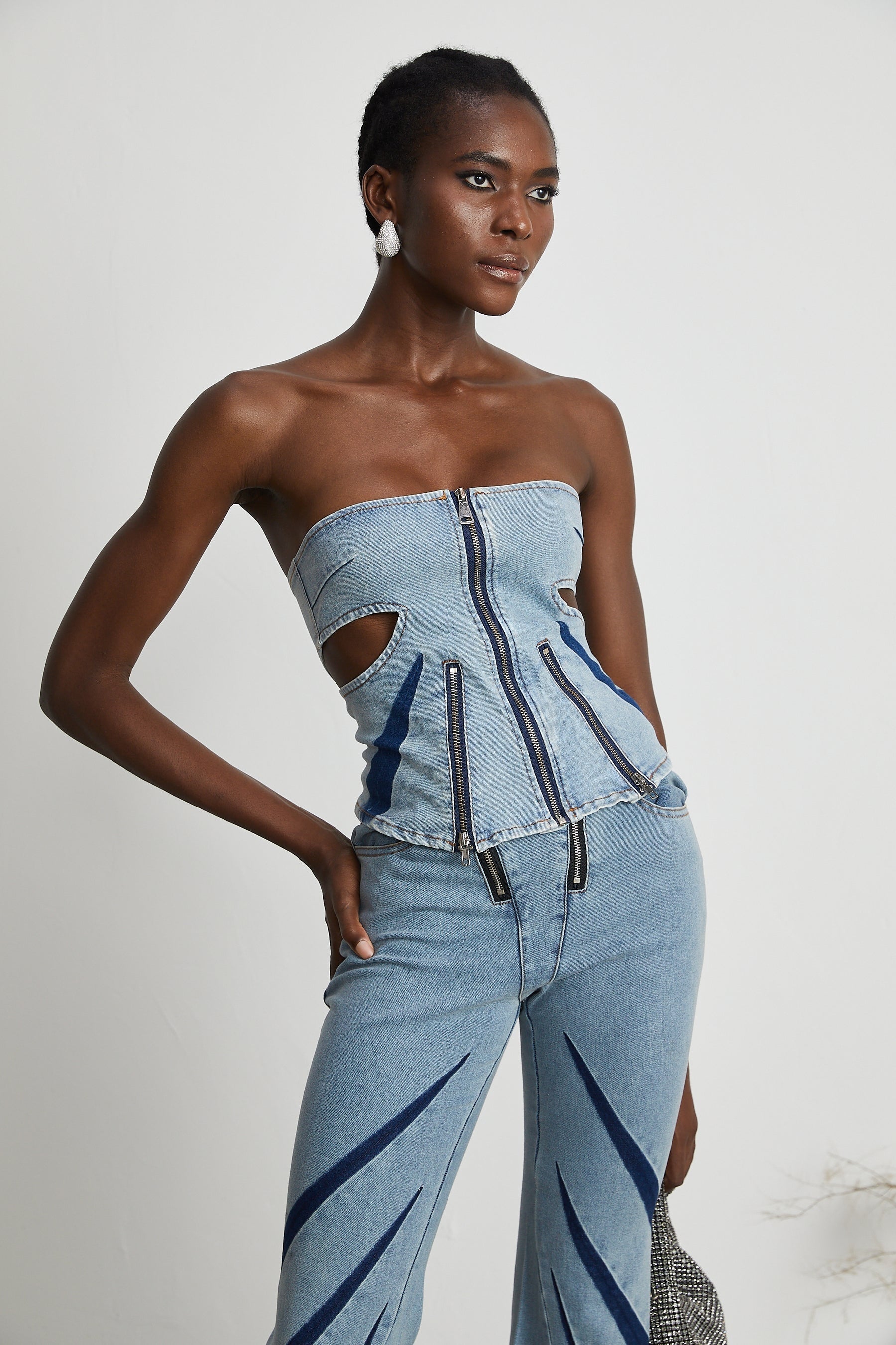 Inès colorblocked denim top  jeans matching set