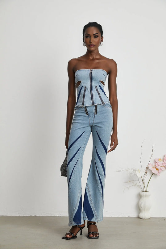 Inès colorblocked denim top  jeans matching set