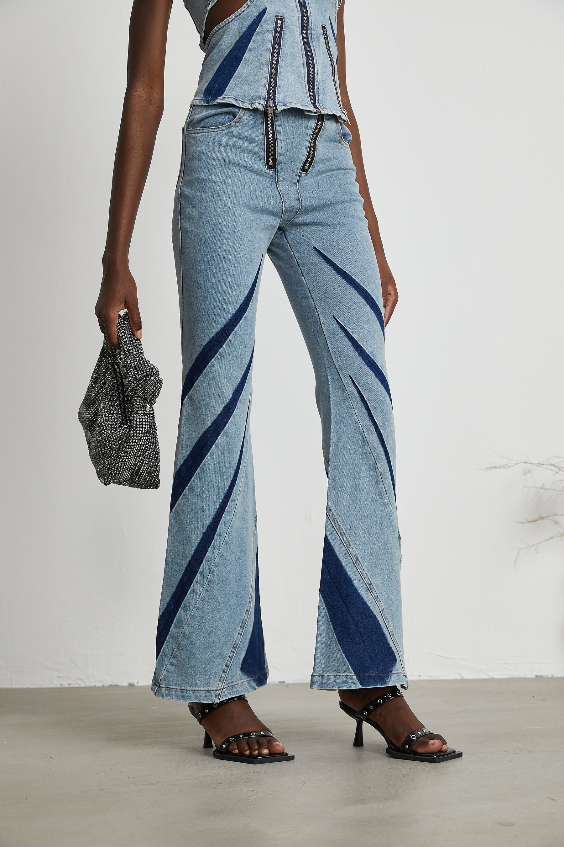 Inès colorblocked denim top  jeans matching set