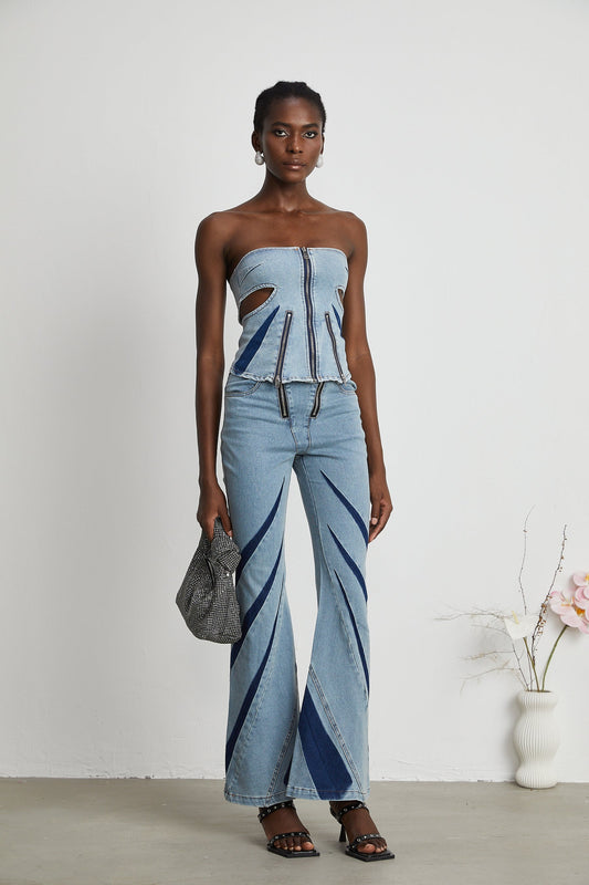 Inès colorblocked denim top  jeans matching set