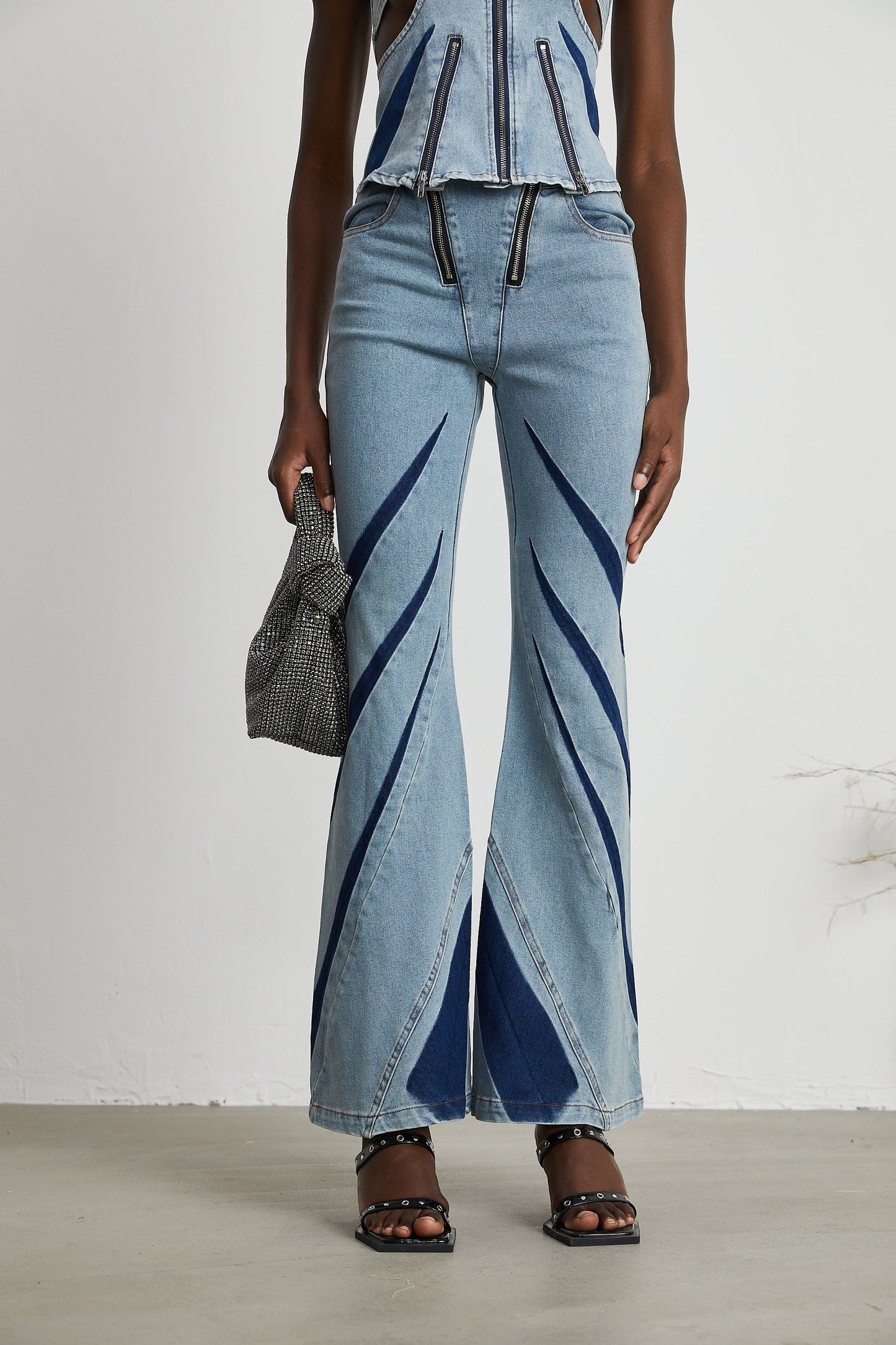 Inès colorblocked denim top  jeans matching set