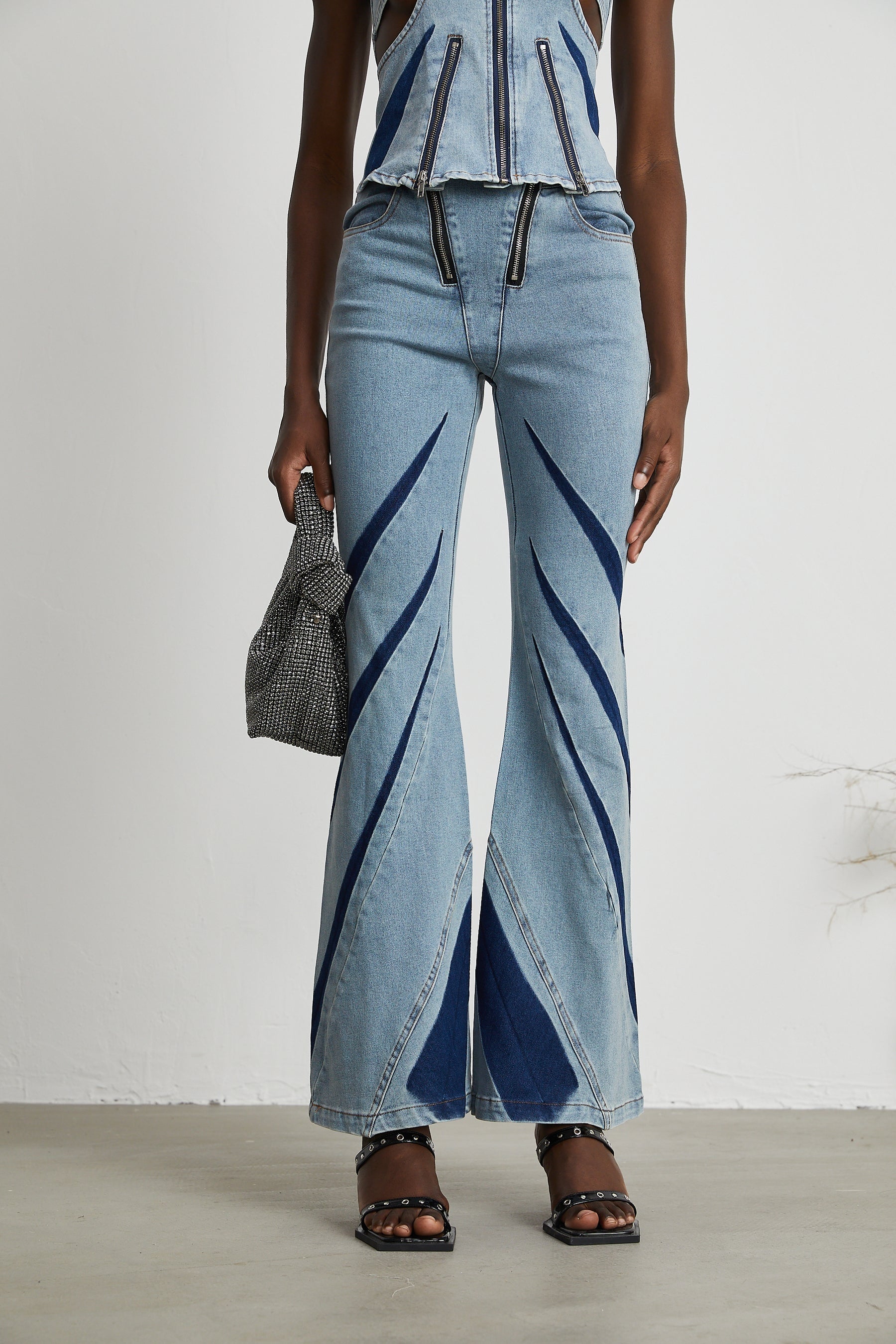 Inès colorblocked denim top  jeans matching set
