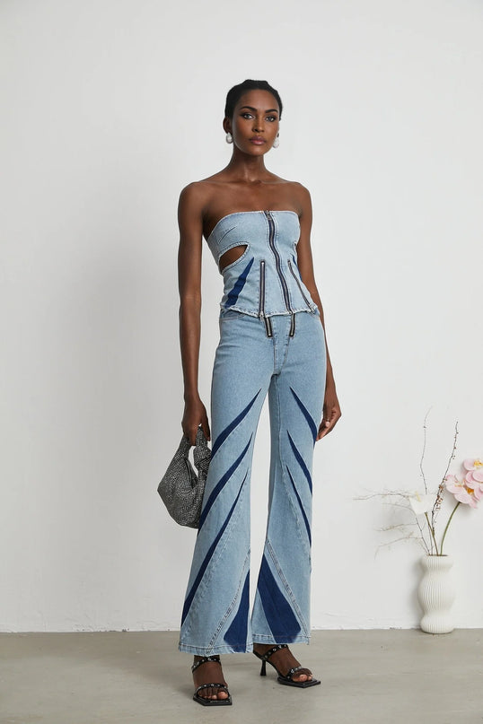 Inès colorblocked denim top  jeans matching set