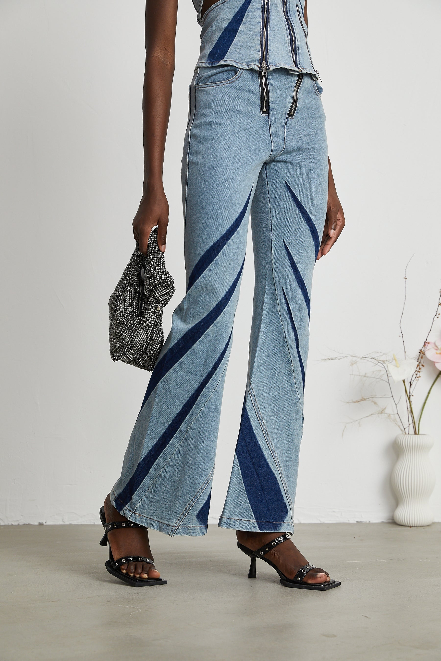 Inès colorblocked denim top  jeans matching set