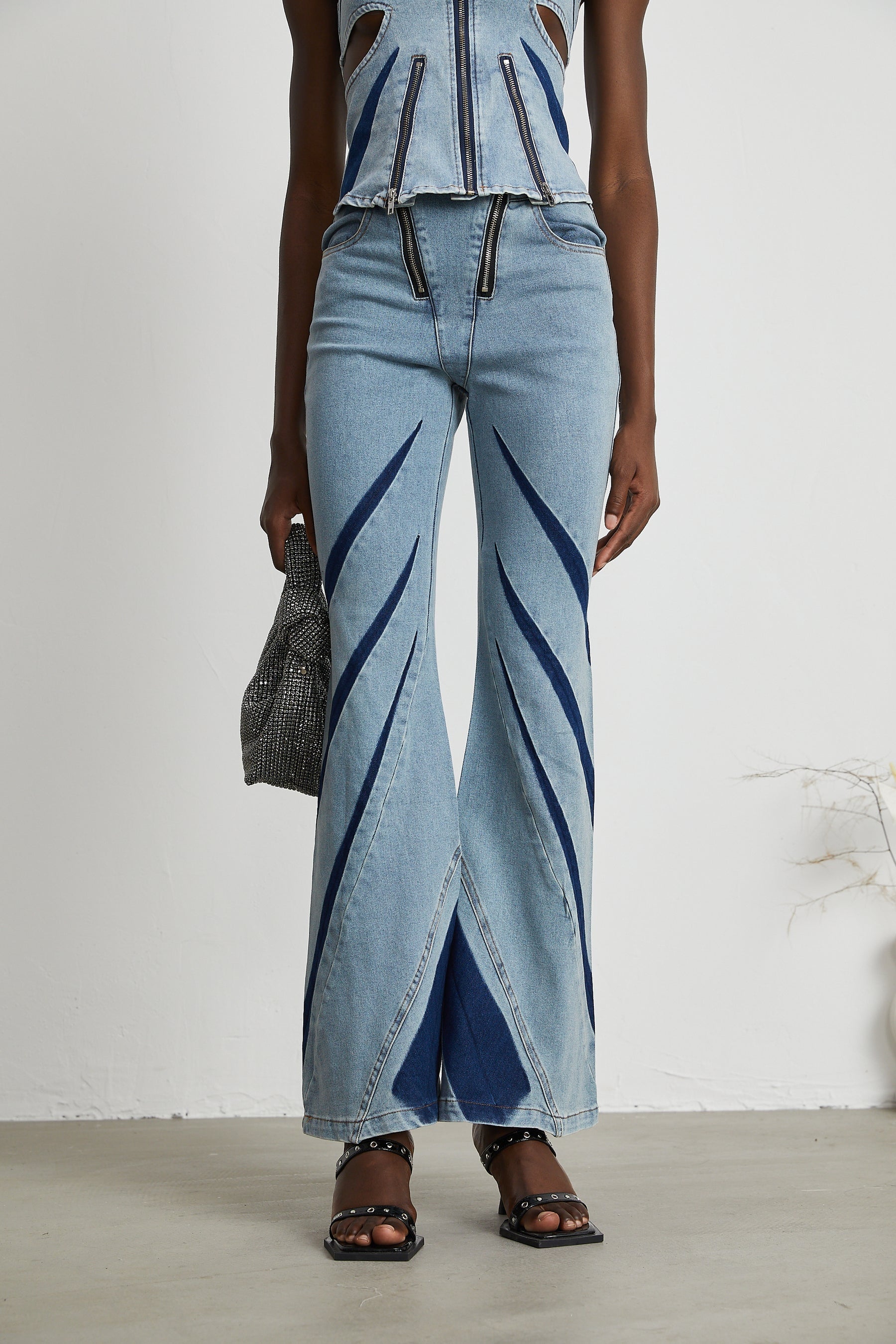 Inès colorblocked denim top  jeans matching set