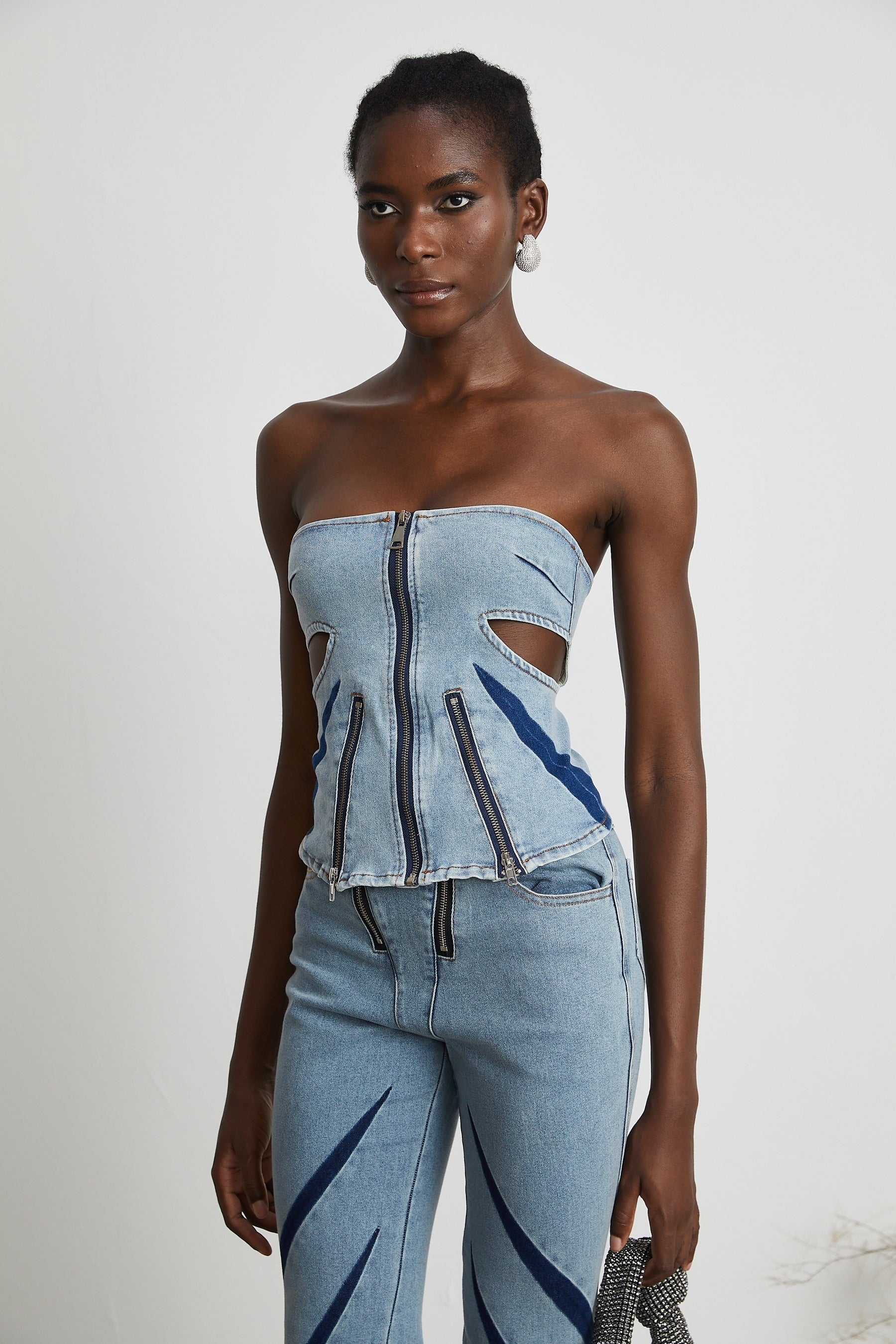 Inès colorblocked denim top  jeans matching set