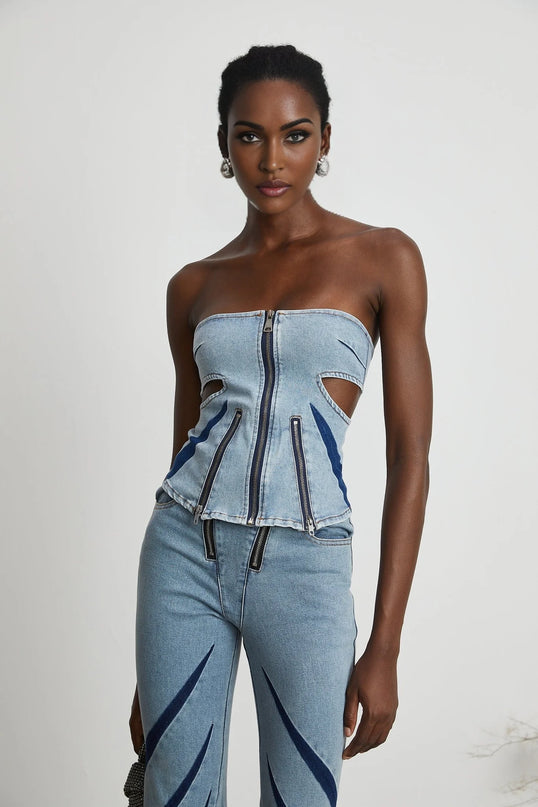 Inès colorblocked denim top  jeans matching set