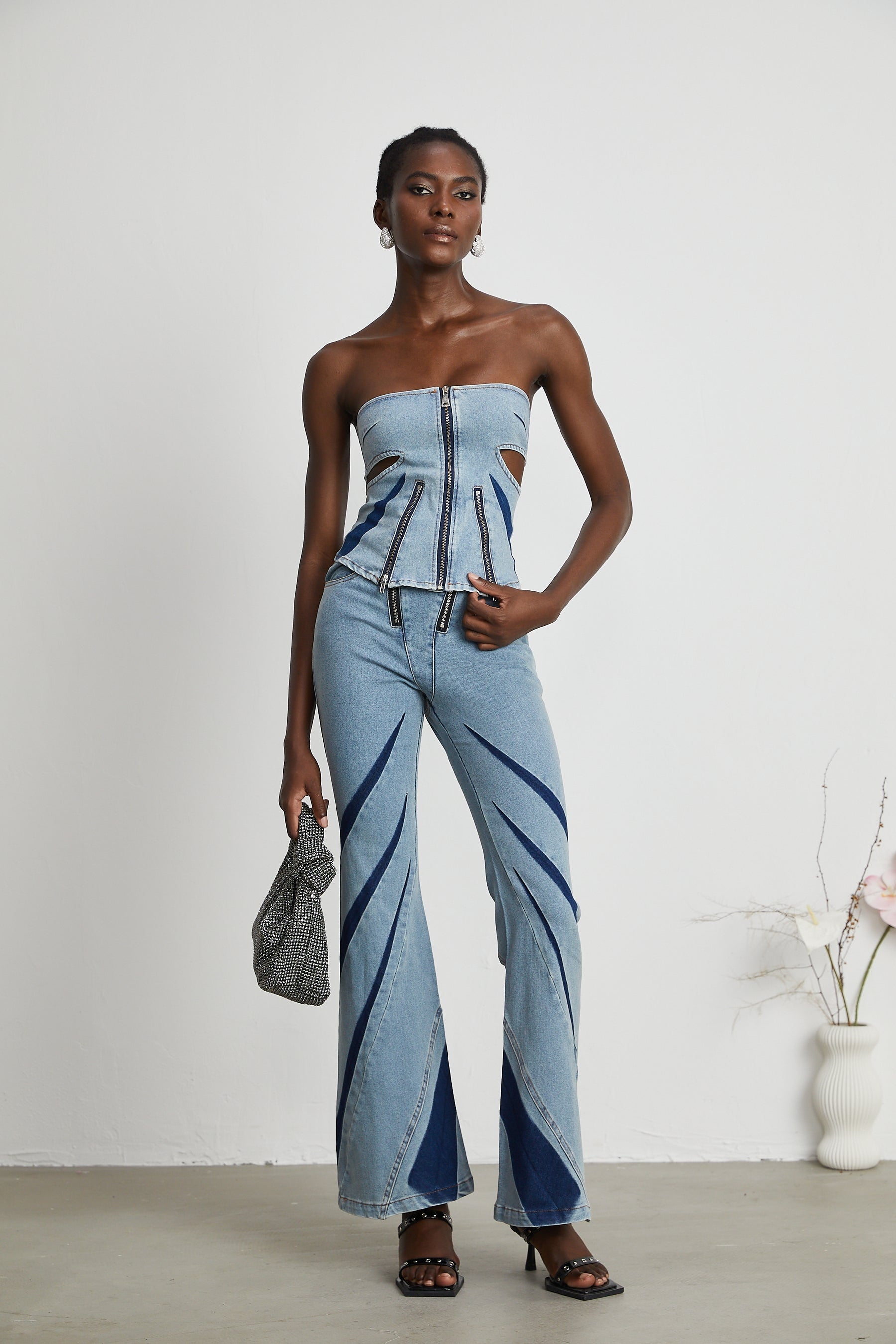 Inès colorblocked denim top  jeans matching set