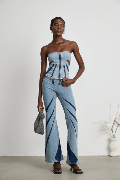 Inès colorblocked denim top  jeans matching set
