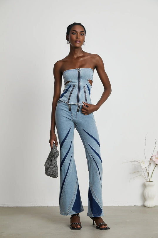 Inès colorblocked denim top  jeans matching set