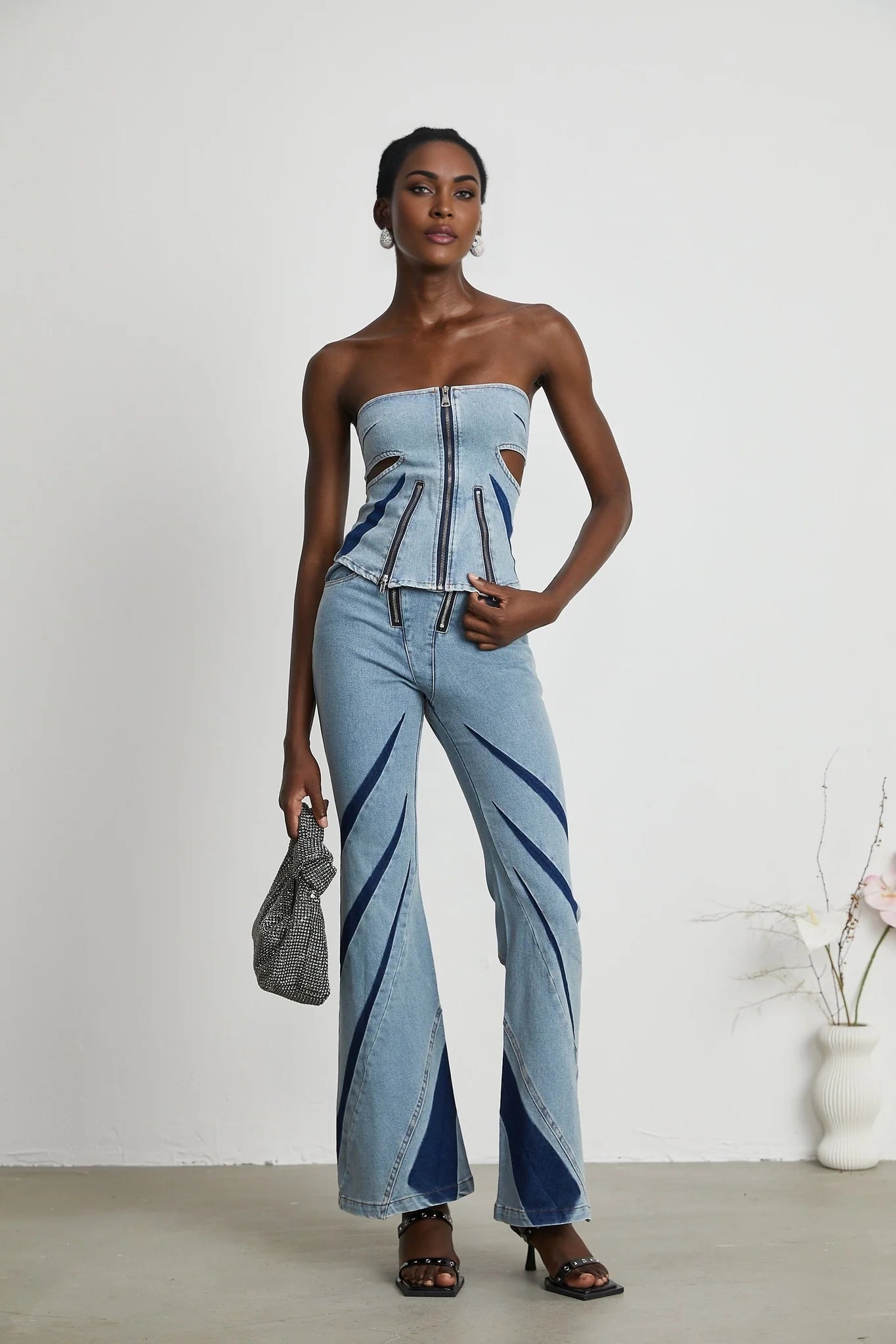 Inès colorblocked denim top  jeans matching set