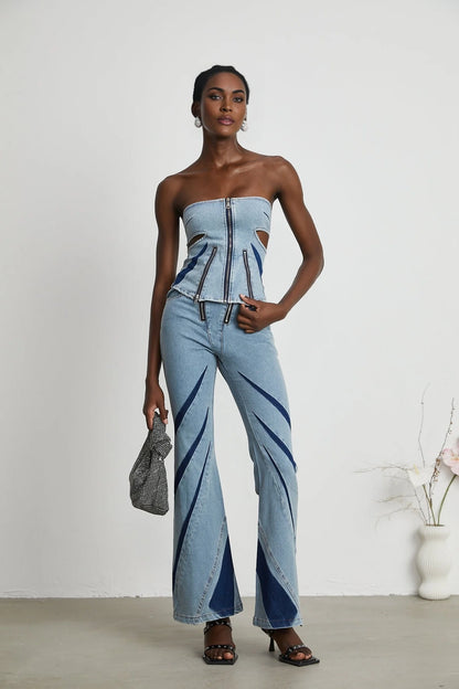 Inès colorblocked denim top  jeans matching set