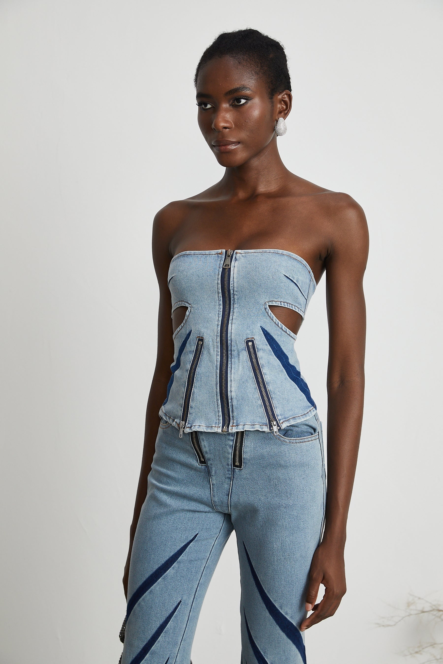 Inès colorblocked denim top  jeans matching set