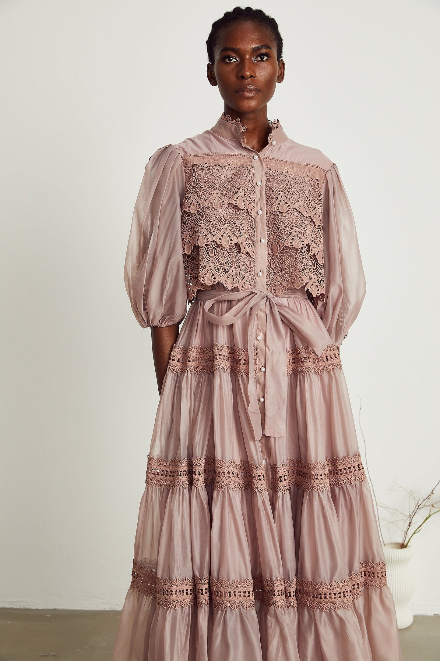 Inès lace cutout tiered midi dress