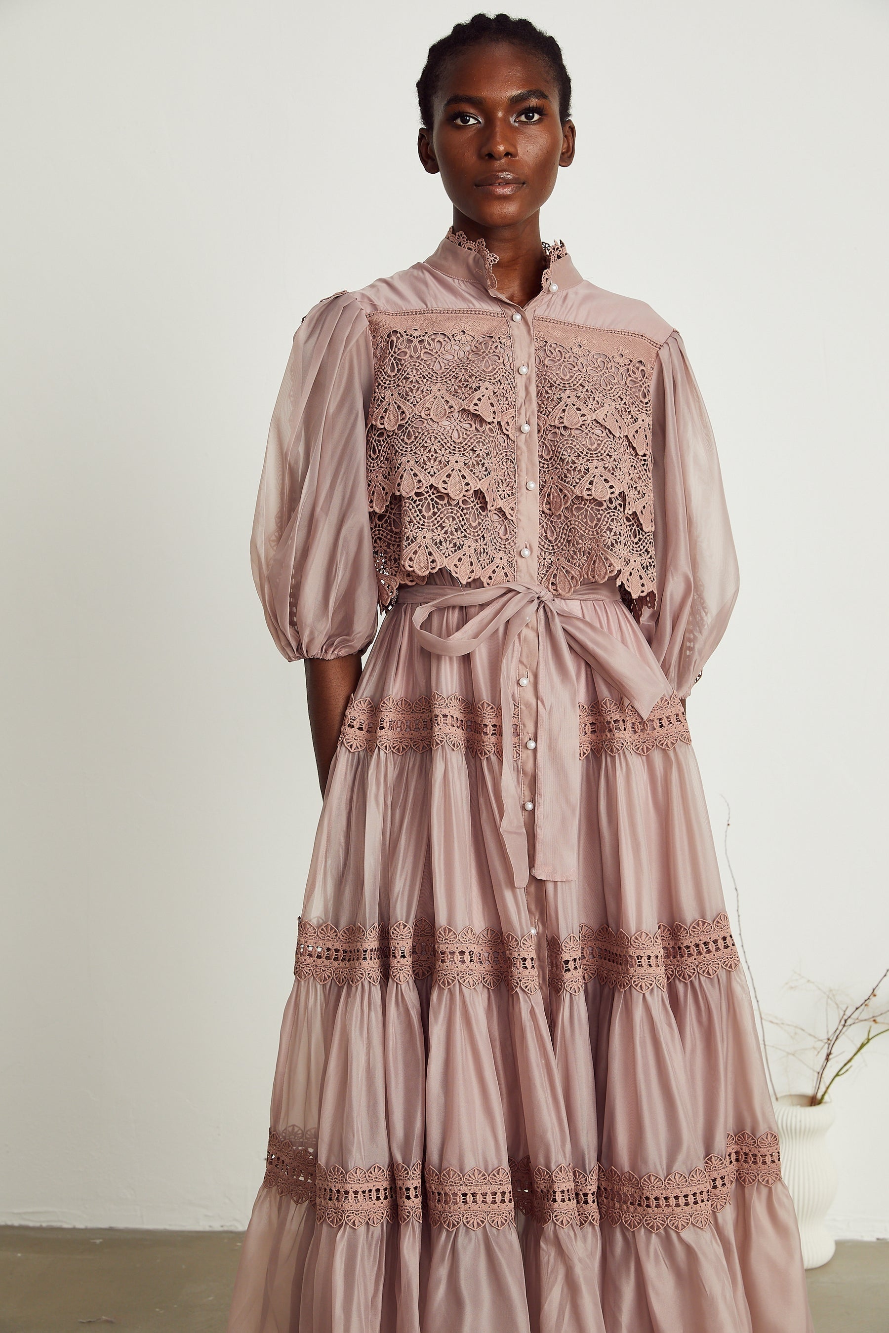 Inès lace cutout tiered midi dress