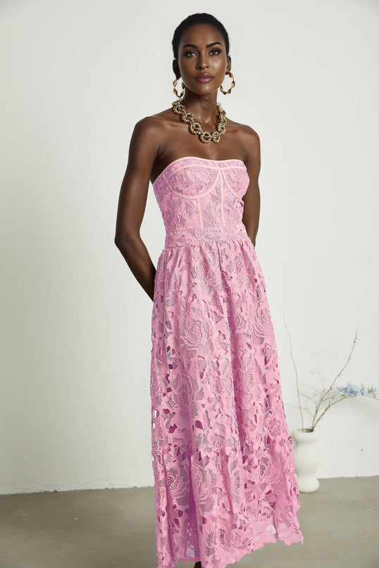 Inès lace floral embroidered cutout midi dress in Pink