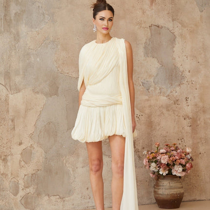 Ines Mini Dress Neutrals Pleated Asymmetrical Twist Detailing Ribbon Design Cinched Waist Glitter Detailing Bubble Hem Rear Zip Fastening Modern Elegance 88% Terylene 10% Viscose 2% Spandex