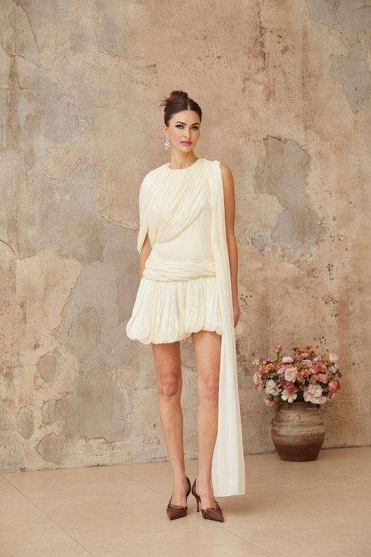 Ines Mini Dress Neutrals Pleated Asymmetrical Twist Detailing Ribbon Design Cinched Waist Glitter Detailing Bubble Hem Rear Zip Fastening Modern Elegance 88% Terylene 10% Viscose 2% Spandex