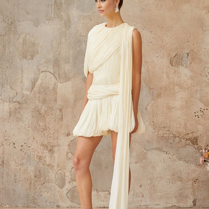 Ines Neutrals Pleated Asymmetrical Mini Dress with Twist Detailing and Glitter Accents