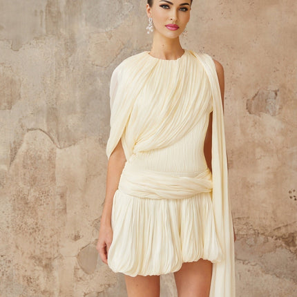 Ines Neutrals Pleated Asymmetrical Mini Dress with Twist Detailing and Ribbon Design