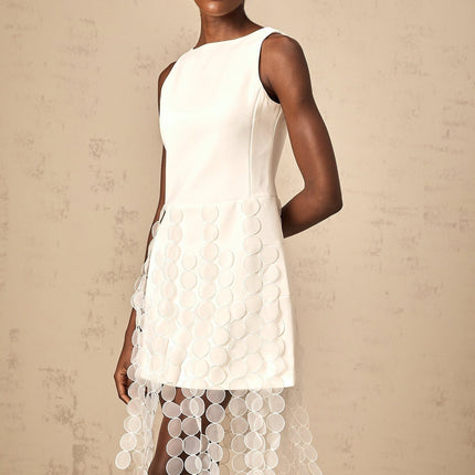 Ines White Fringed Midi Dress with Fabric Disc Detail