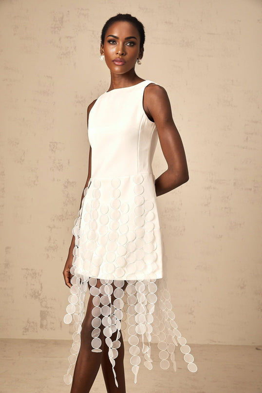Ines White Fringed Midi Dress with Fabric Disc Detail