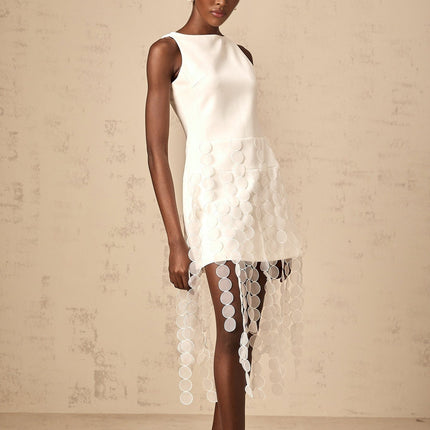 Ines White Fringed Midi Dress with Fabric Disc Detail