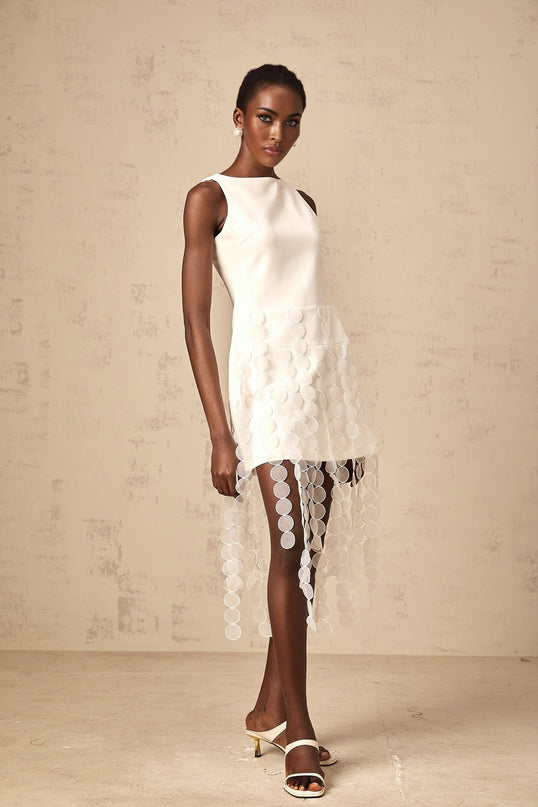 Ines White Fringed Midi Dress with Fabric Disc Detail