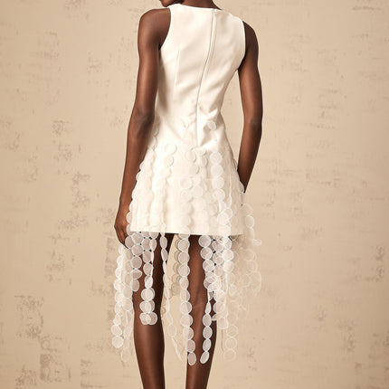 Ines White Fringed Midi Dress with Fabric Disc Detail