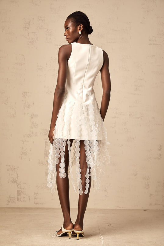 Ines White Fringed Midi Dress with Fabric Disc Detail