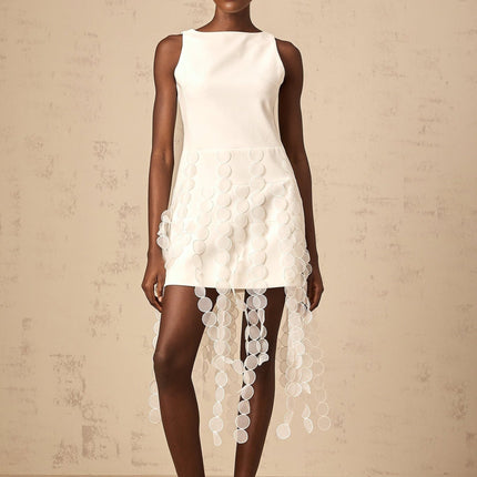 Ines White Fringed Midi Dress Terylene Spandex Fabric Disc Detail Asymmetric Hem Bateau Neck Sleeveless Rear Zip Fastening