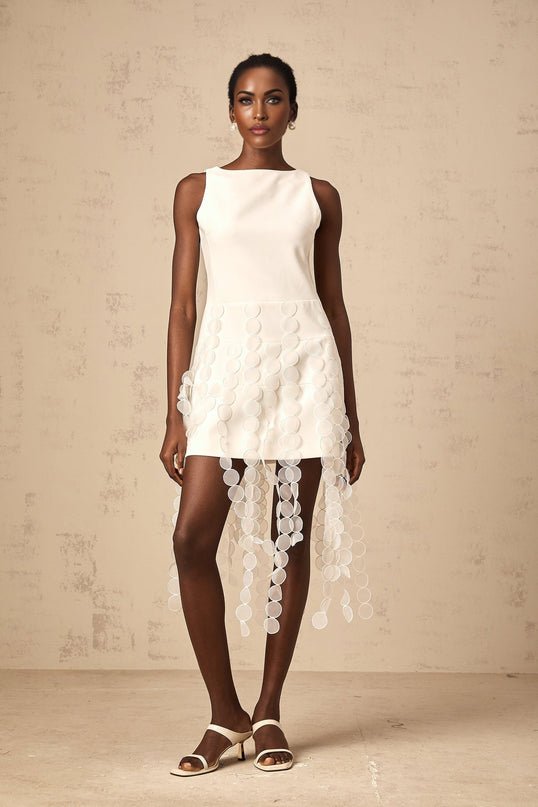 Ines White Fringed Midi Dress Terylene Spandex Fabric Disc Detail Asymmetric Hem Bateau Neck Sleeveless Rear Zip Fastening