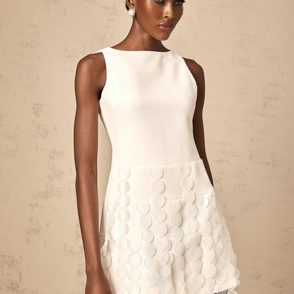 Ines White Fringed Midi Dress Terylene Spandex Fabric Disc Detail Asymmetric Hem Bateau Neck Sleeveless Rear Zip Fastening