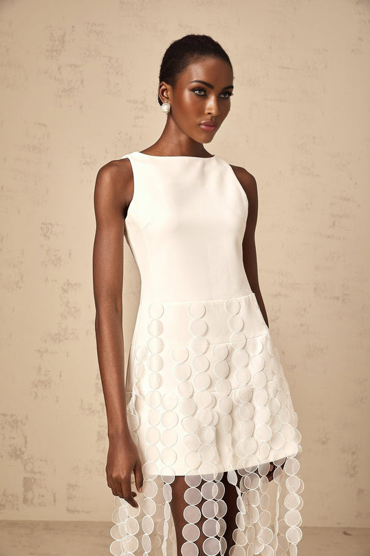 Ines White Fringed Midi Dress Terylene Spandex Fabric Disc Detail Asymmetric Hem Bateau Neck Sleeveless Rear Zip Fastening