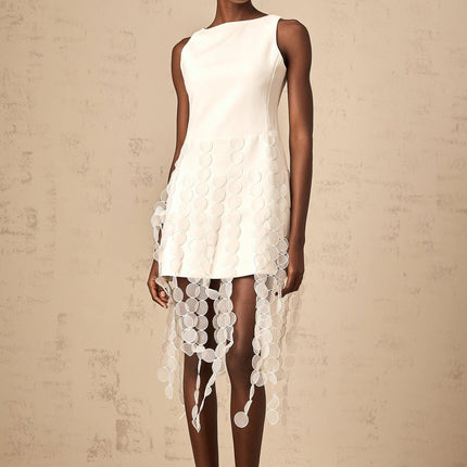 Ines White Fringed Midi Dress with Fabric Disc Detail and Asymmetric Hem