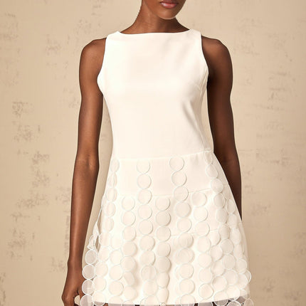 Ines White Fringed Midi Dress with Fabric Disc Detail and Asymmetric Hem