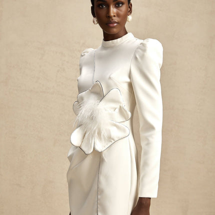 Inès White Mini Dress with Faux Flower Embellishment