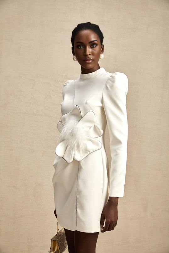 Inès White Mini Dress with Faux Flower Embellishment