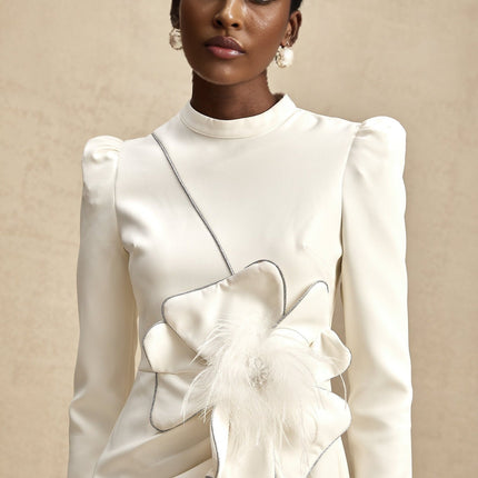 Inès White Mini Dress with Faux Flower Embellishment