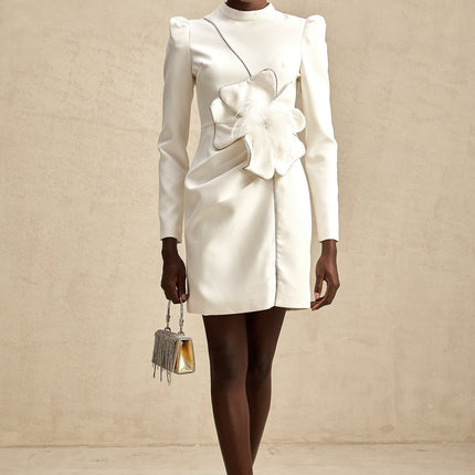 Inès White Mini Dress with Faux Flower Embellishment